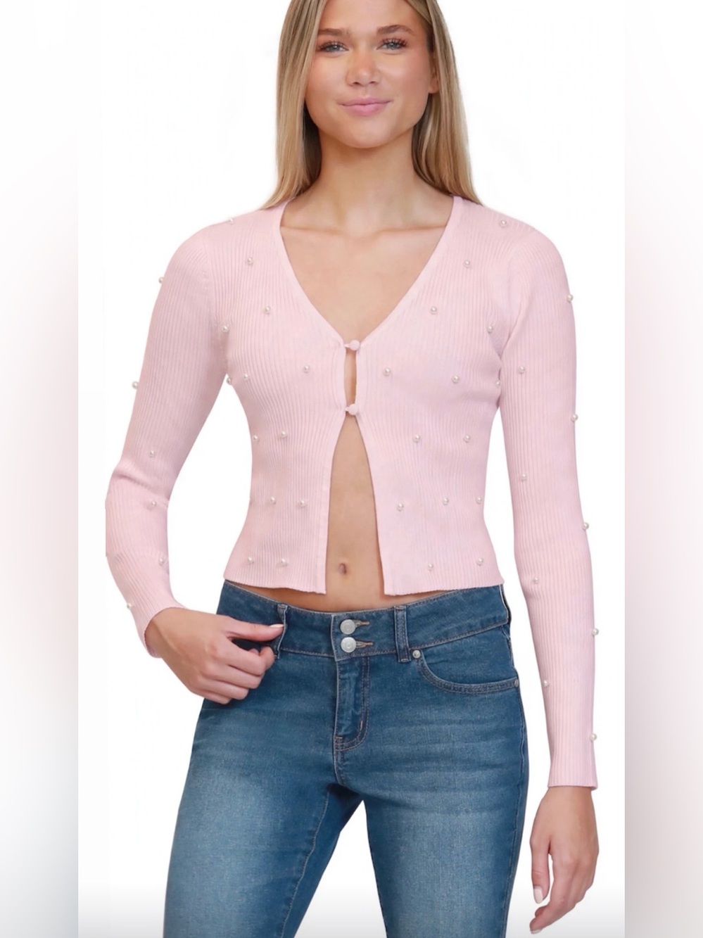 Madden Girl Pink Pearl-Embellished Rib Knit Long Sleeve Cardigan Sweater Size M